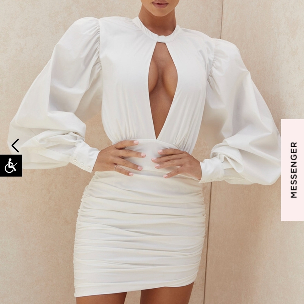 House of CB White Plunge Ruched Mini Dress